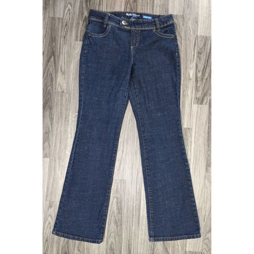 (3/$35) Style & Co Size 4 Petite Studs Boot Cut Bold Stitching Denim Blue Jeans